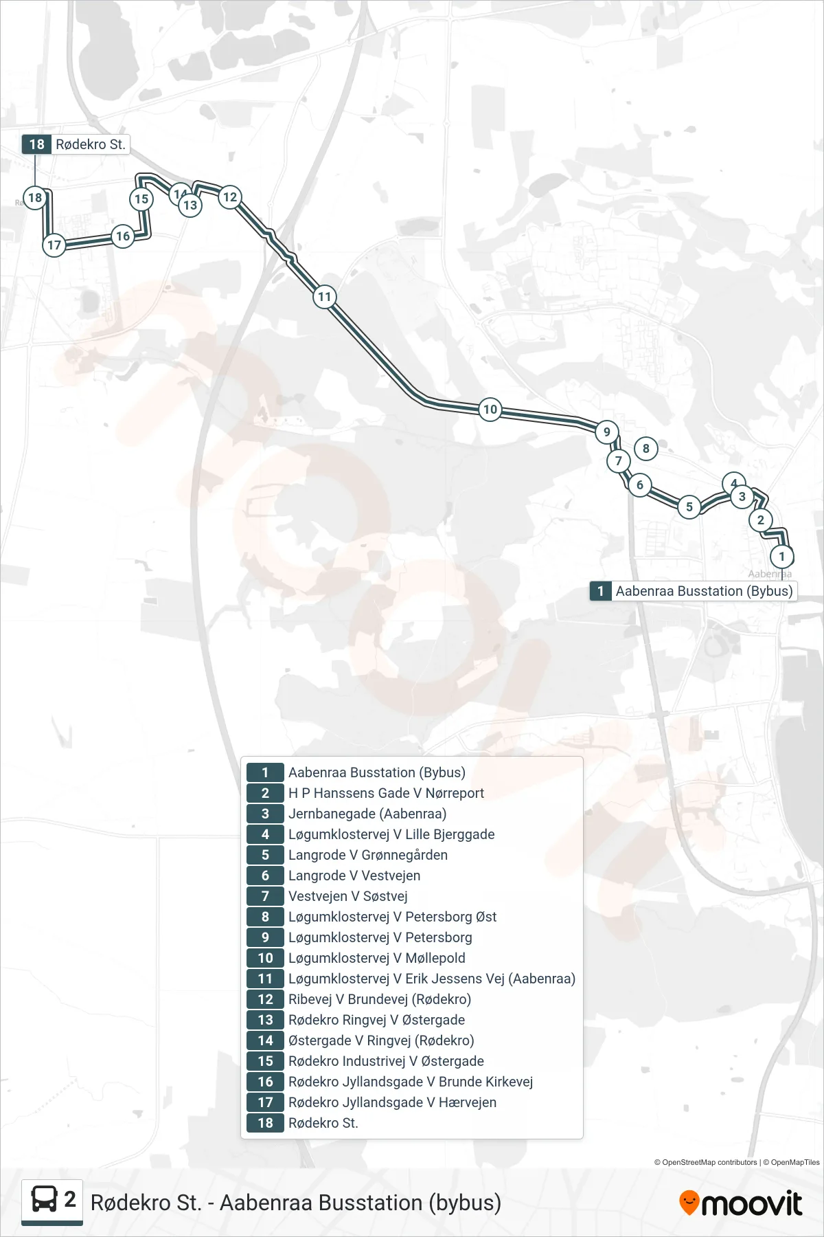 2 bus Linje (Rødekro St.) rute og stop på et kort