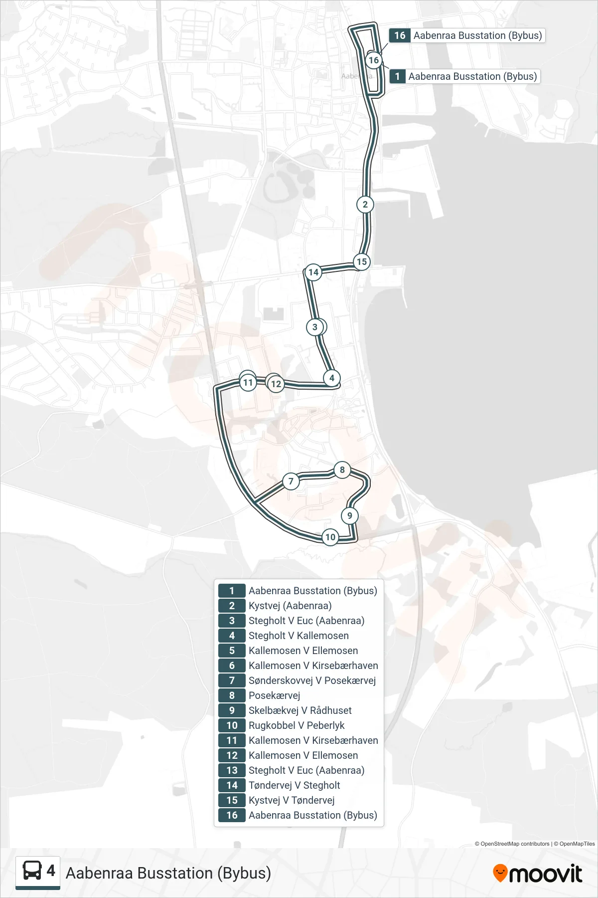 4 bus Linje (Aabenraa Busstation (Bybus)) rute og stop på et kort