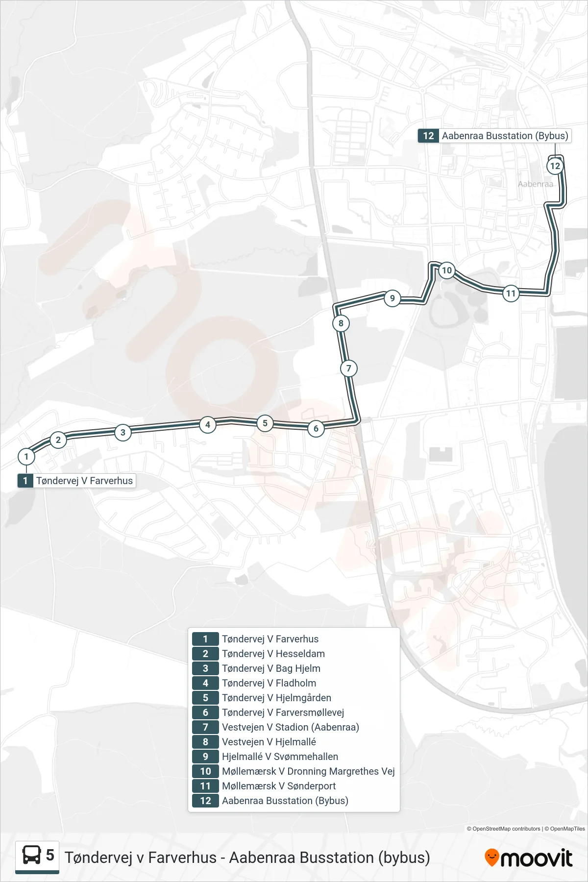5 bus Linje (Busstationen) rute og stop på et kort