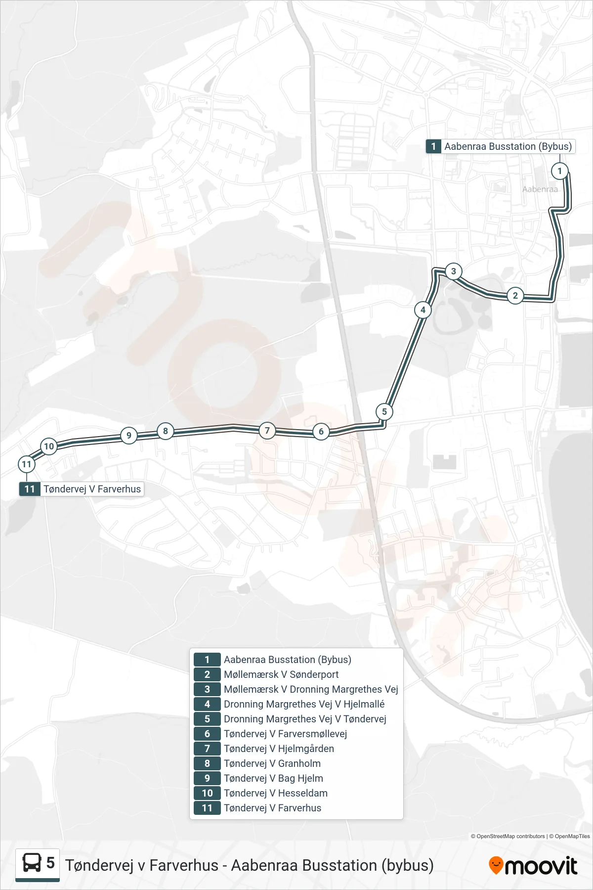 5 bus Linje (Tøndervej V Farverhus) rute og stop på et kort