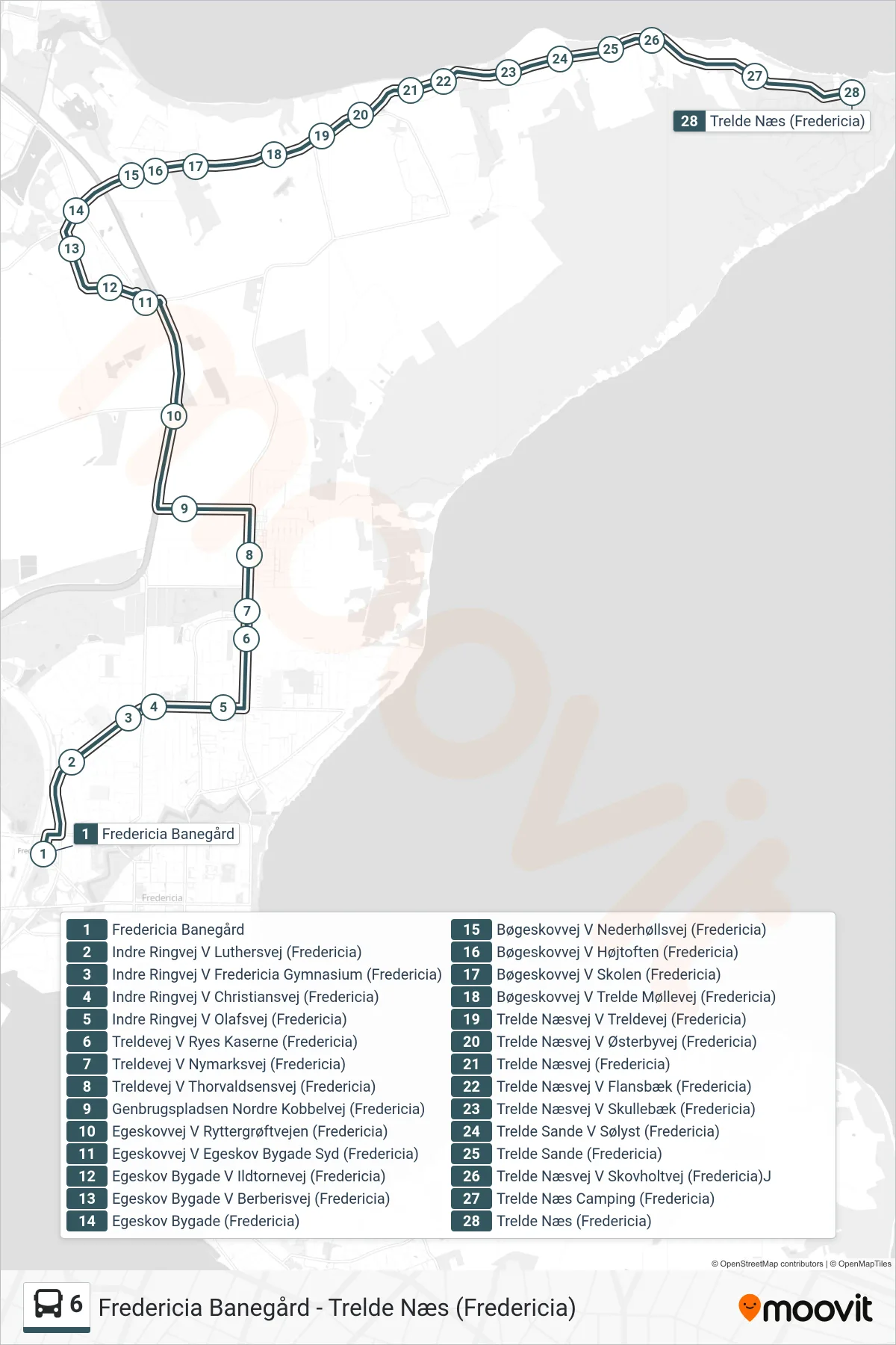 6 bus Linje (Trelde Næs (Fredericia)) rute og stop på et kort