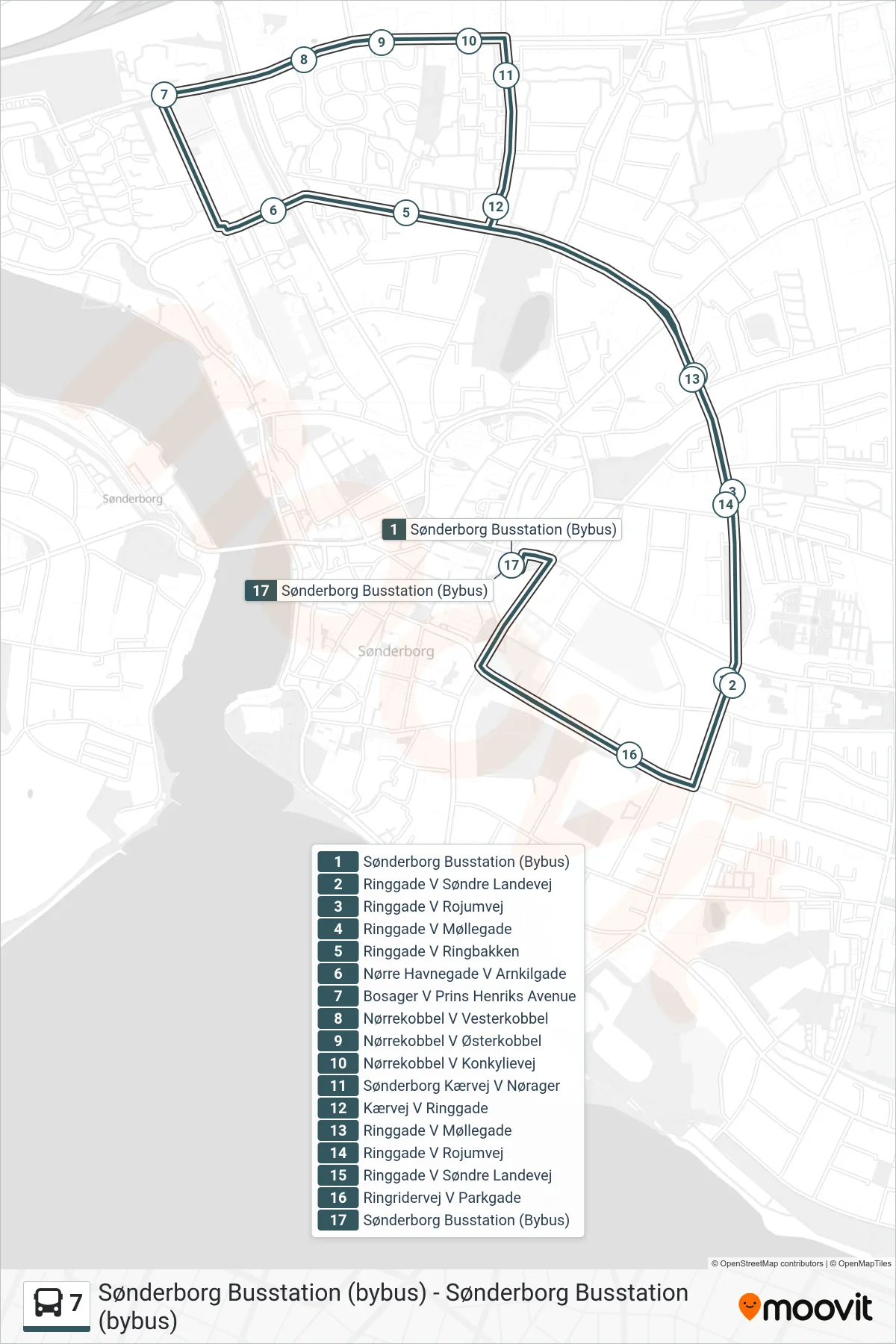 7 bus Linje (Nørrekobbel - Busstationen) rute og stop på et kort