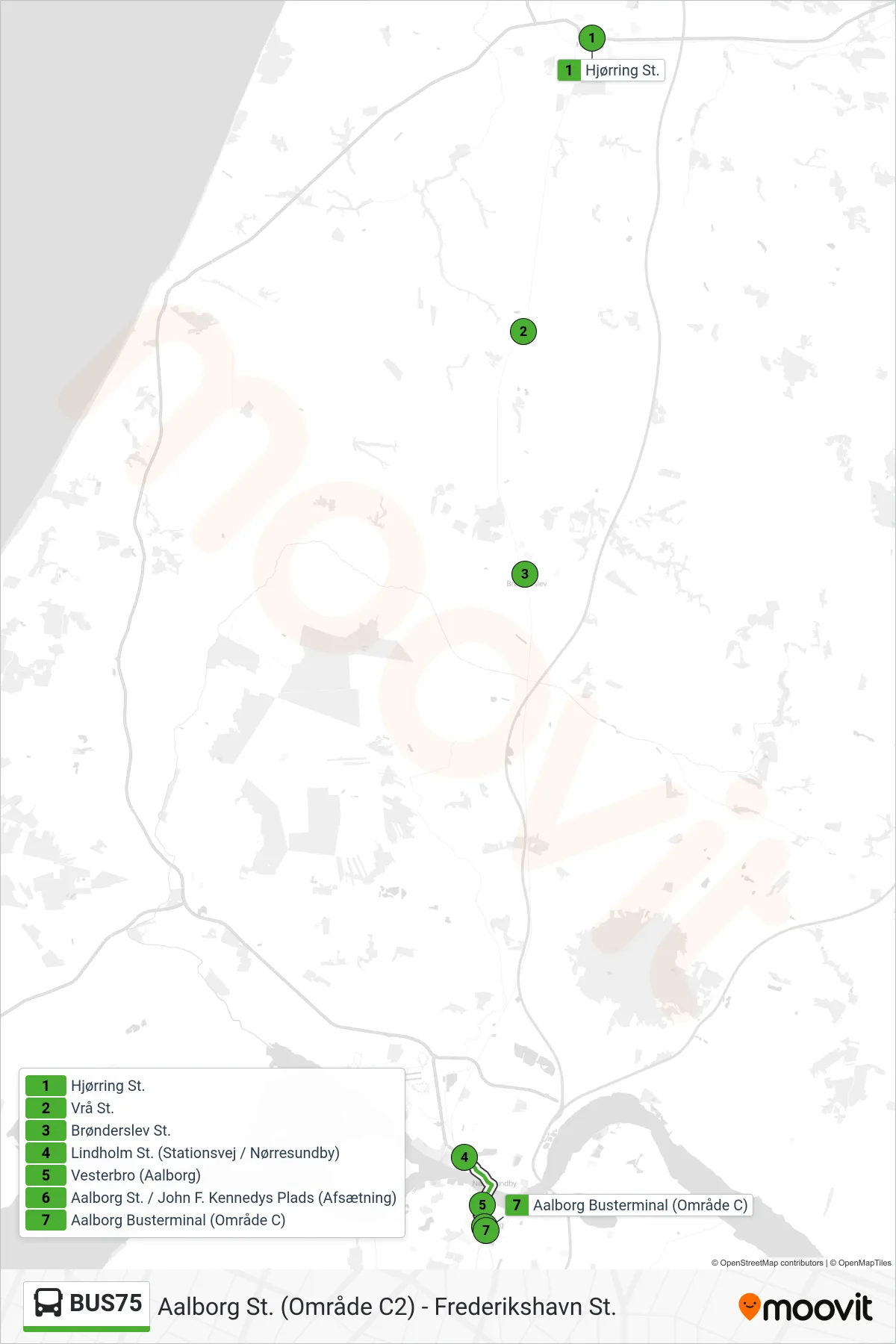 BUS75 bus Linje (Aalborg St.) rute og stop på et kort