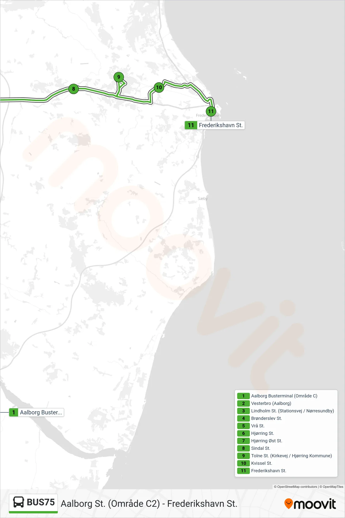BUS75 bus Linje (Frederikshavn Via Hjørring) rute og stop på et kort