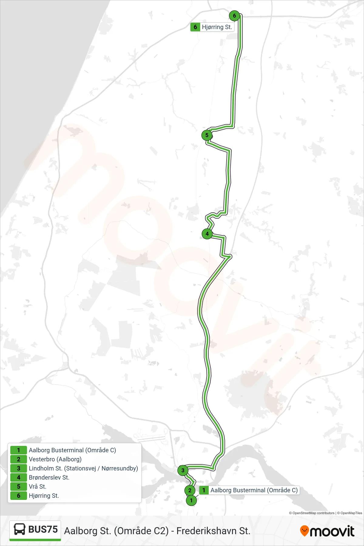 BUS75 bus Linje (Hjørring Via Brønderslev) rute og stop på et kort