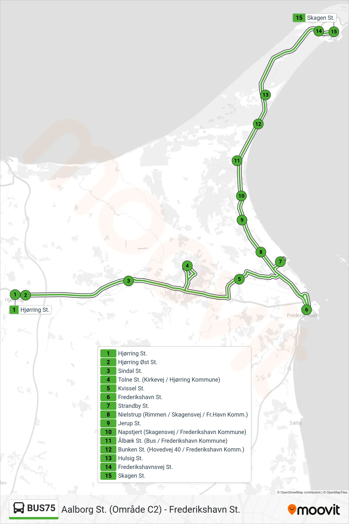BUS75 bus Linje (Skagen Via Frederikshavn) rute og stop på et kort