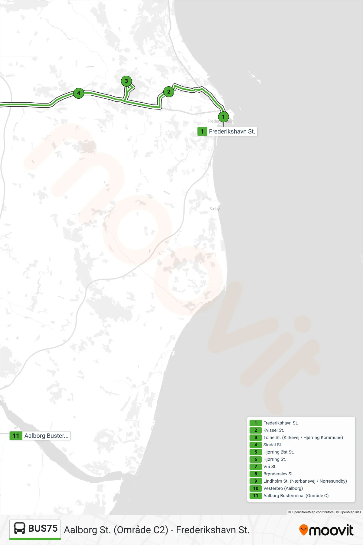 BUS75 bus Linje (Aalborg Via Hjørring) rute og stop på et kort