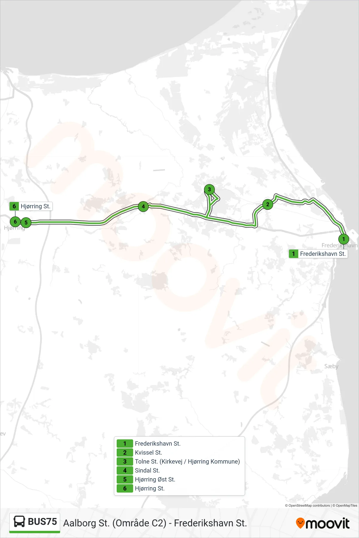 BUS75 bus Linje (Hjørring St.) rute og stop på et kort