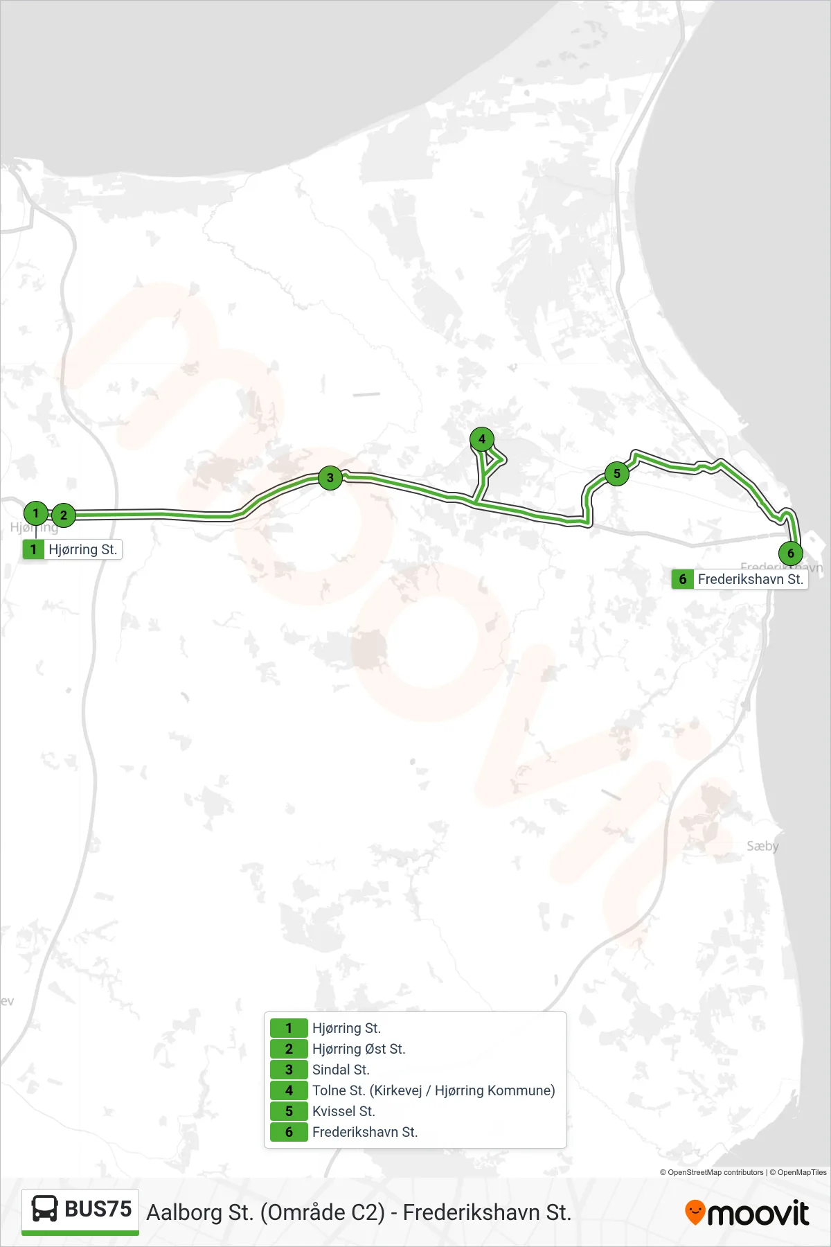 BUS75 bus Line (Frederikshavn St.) route and stops on a map