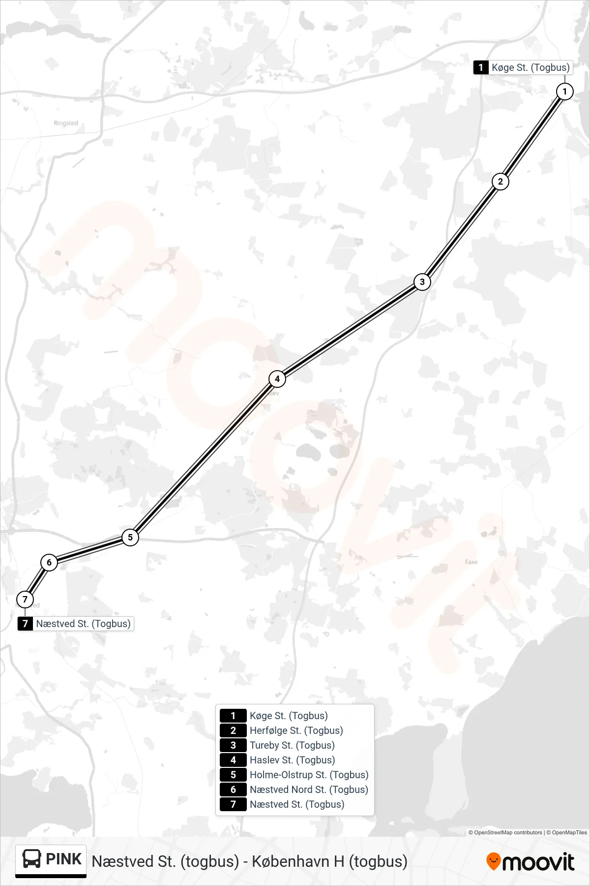 PINK bus Linje (Næstved St. (Togbus)) rute og stop på et kort