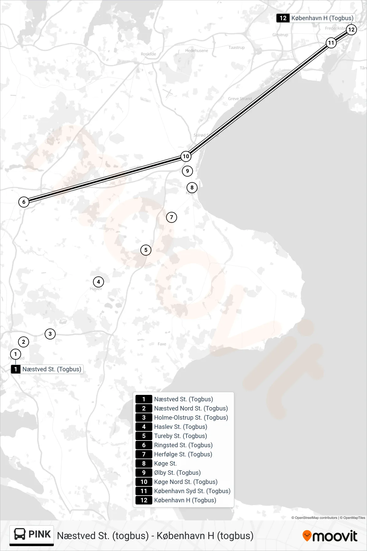 PINK bus Linje (København H (Togbus)) rute og stop på et kort