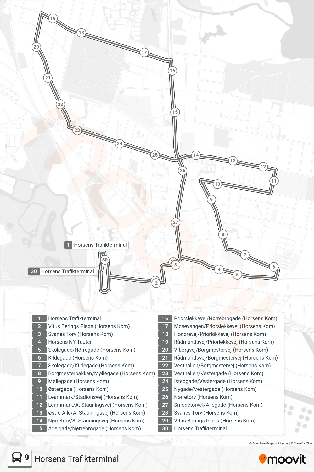 9 bus Linje (Horsens Trafikterminal) rute og stop på et kort