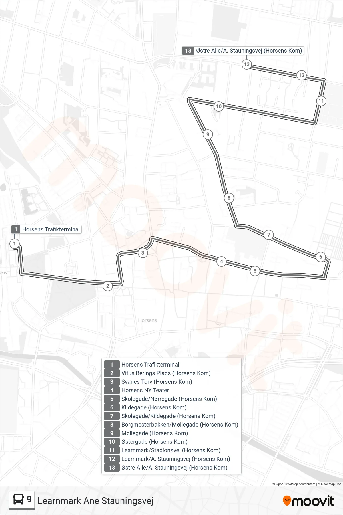 9 bus Linje (Learnmark Ane Stauningsvej) rute og stop på et kort