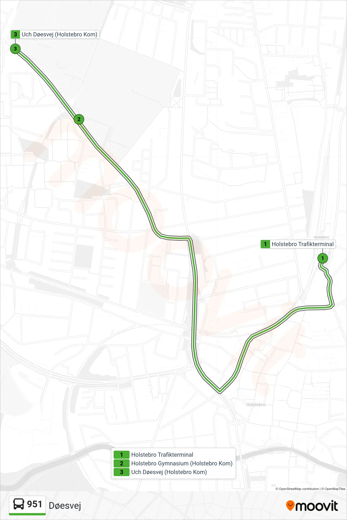 951 bus Linje (Døesvej) rute og stop på et kort