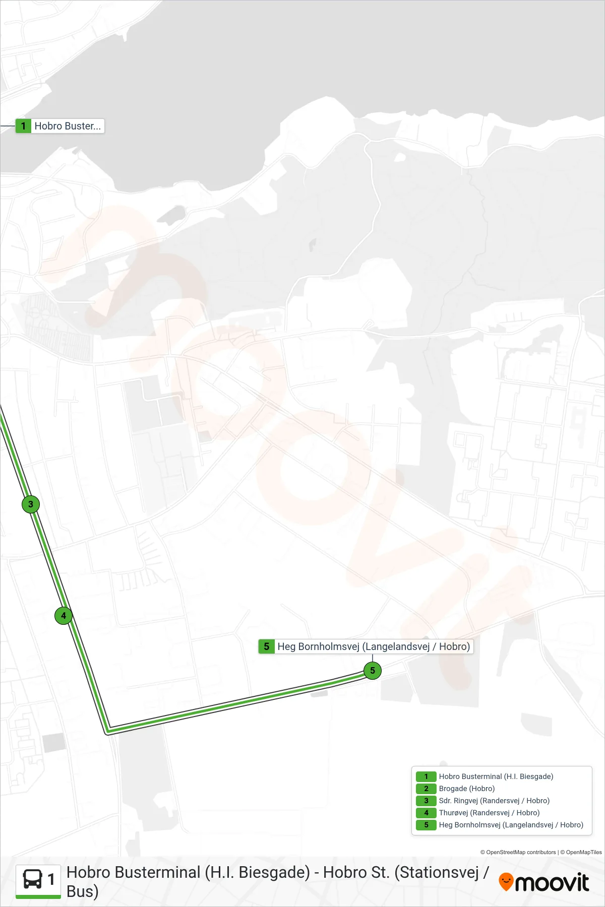 1 bus Linje (Heg Bornholmsvej (Langelandsvej / Hobro)) rute og stop på et kort