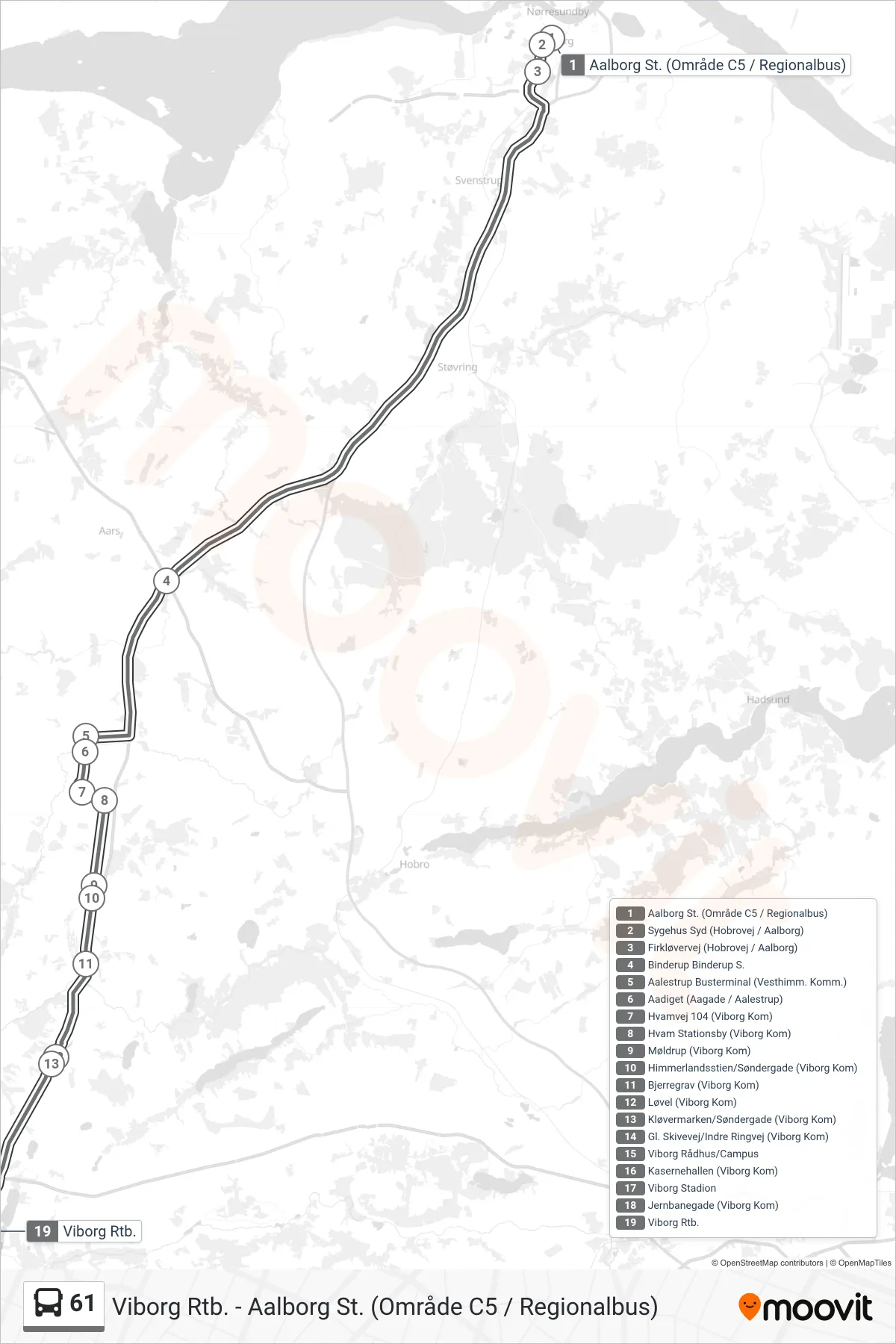 61 bus Linje (Viborg Rtb.) rute og stop på et kort