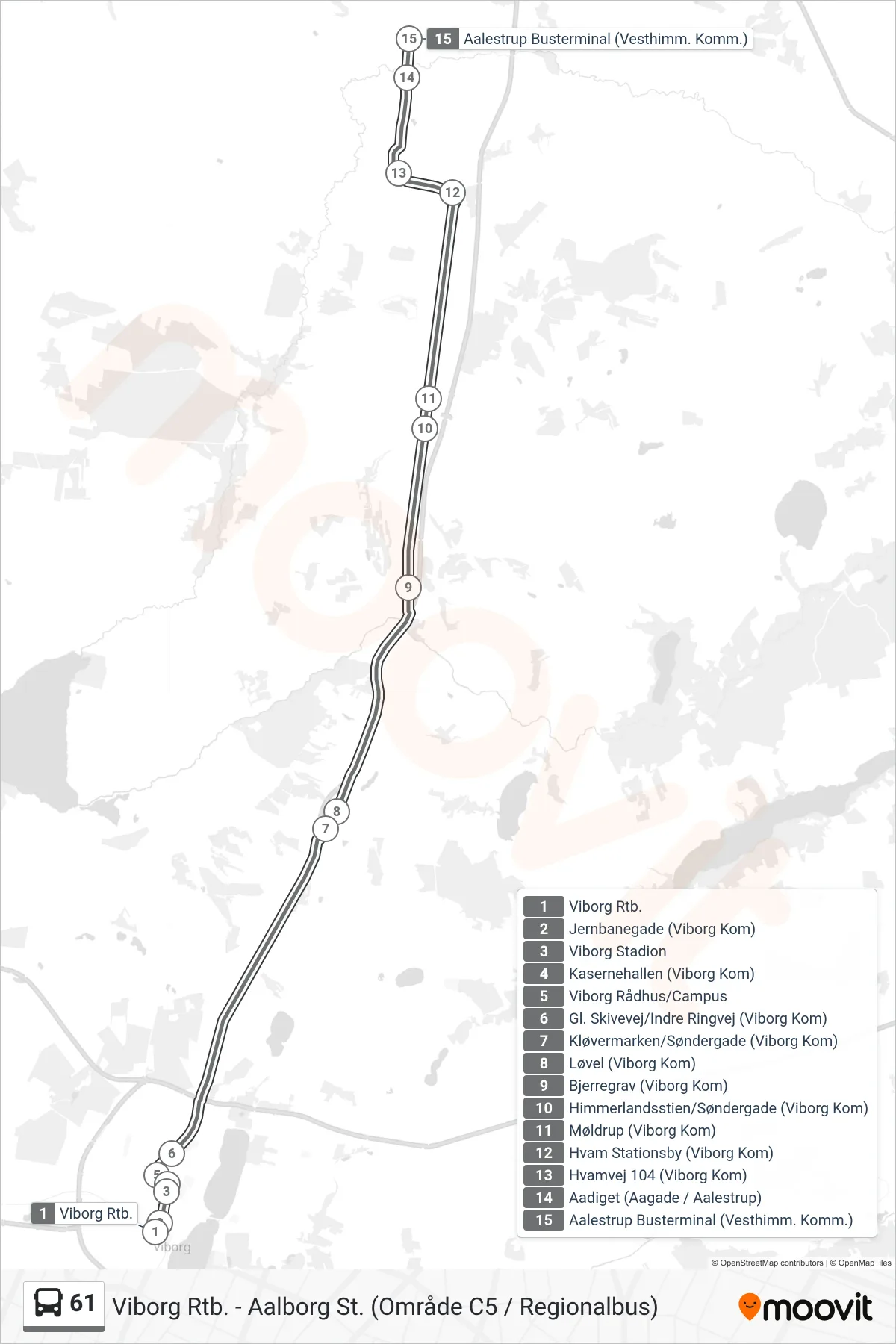 61 bus Linje (Aalestrup Busterminal) rute og stop på et kort