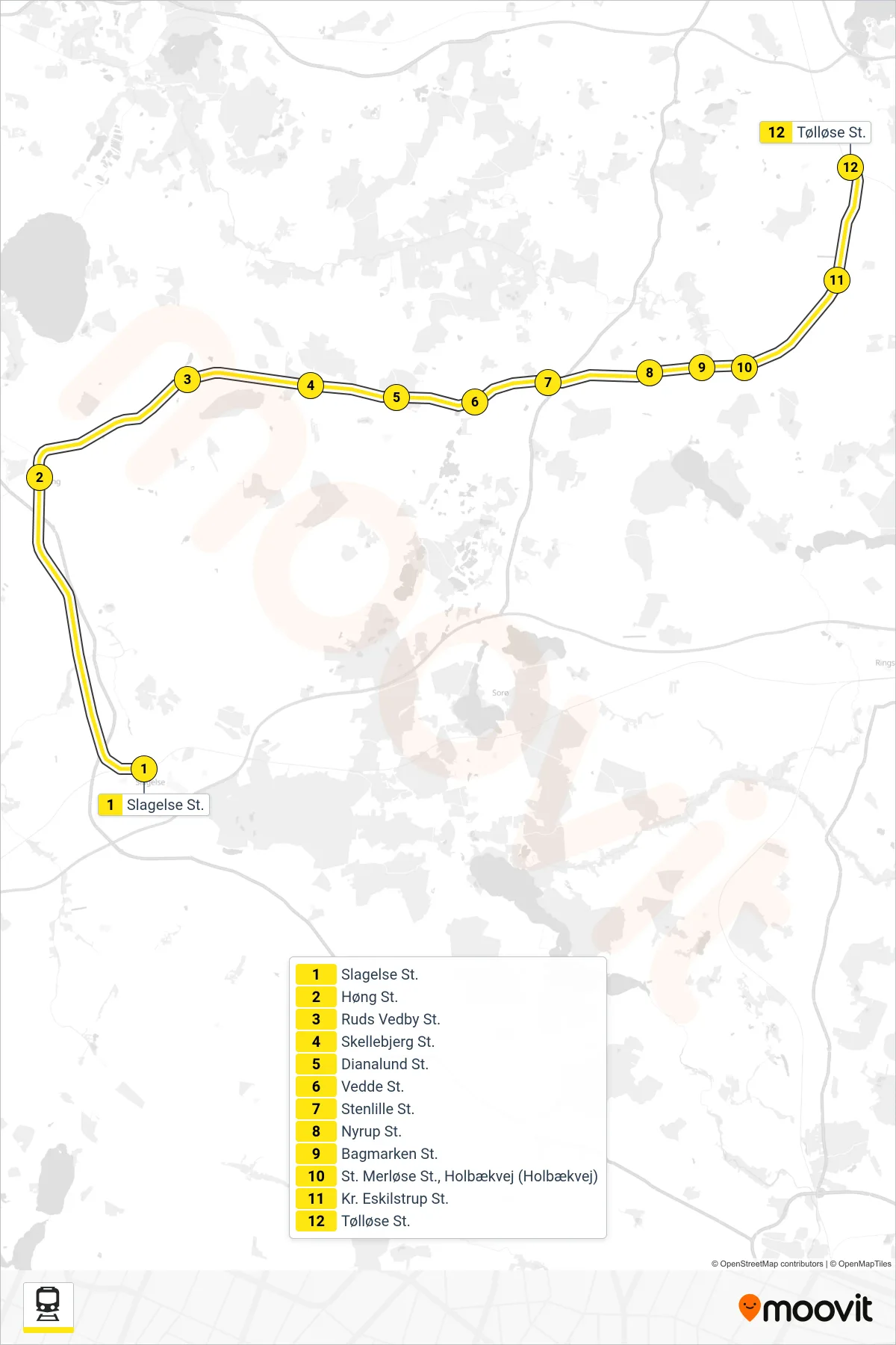 410 jernbane Linje (Tølløse) rute og stop på et kort