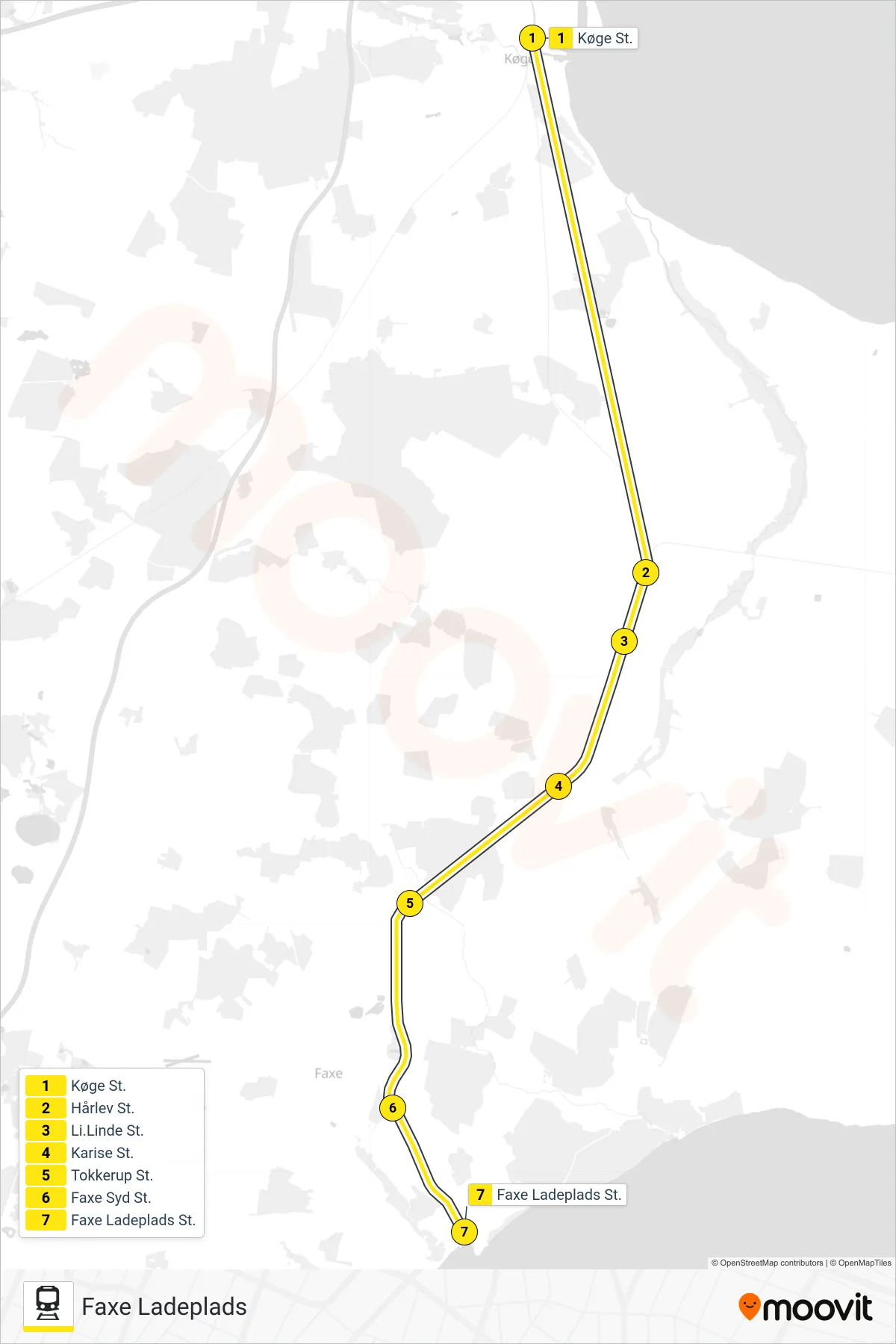 110R jernbane Linje (Faxe Ladeplads) rute og stop på et kort