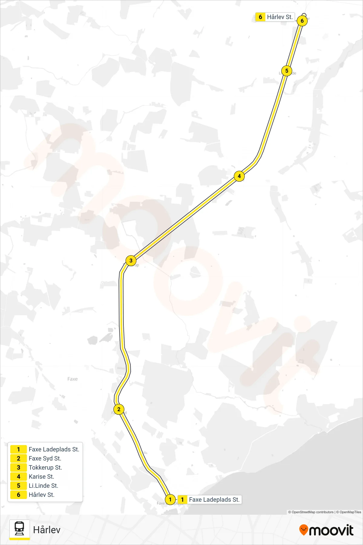 110R jernbane Linje (Hårlev) rute og stop på et kort