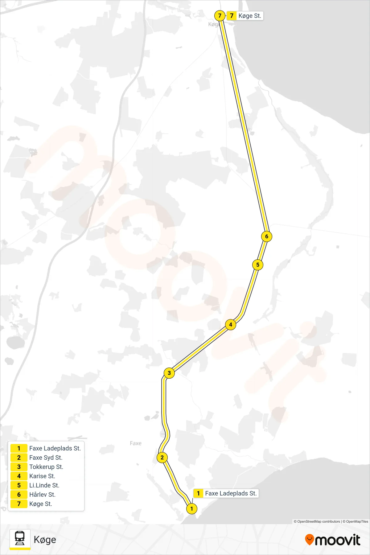 110R jernbane Linje (Køge) rute og stop på et kort