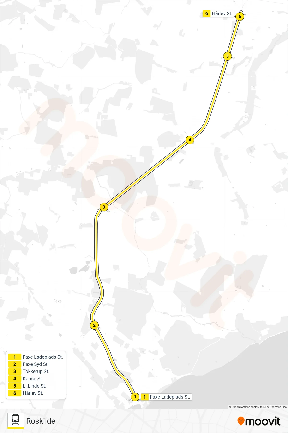 110R jernbane Linje (Roskilde) rute og stop på et kort