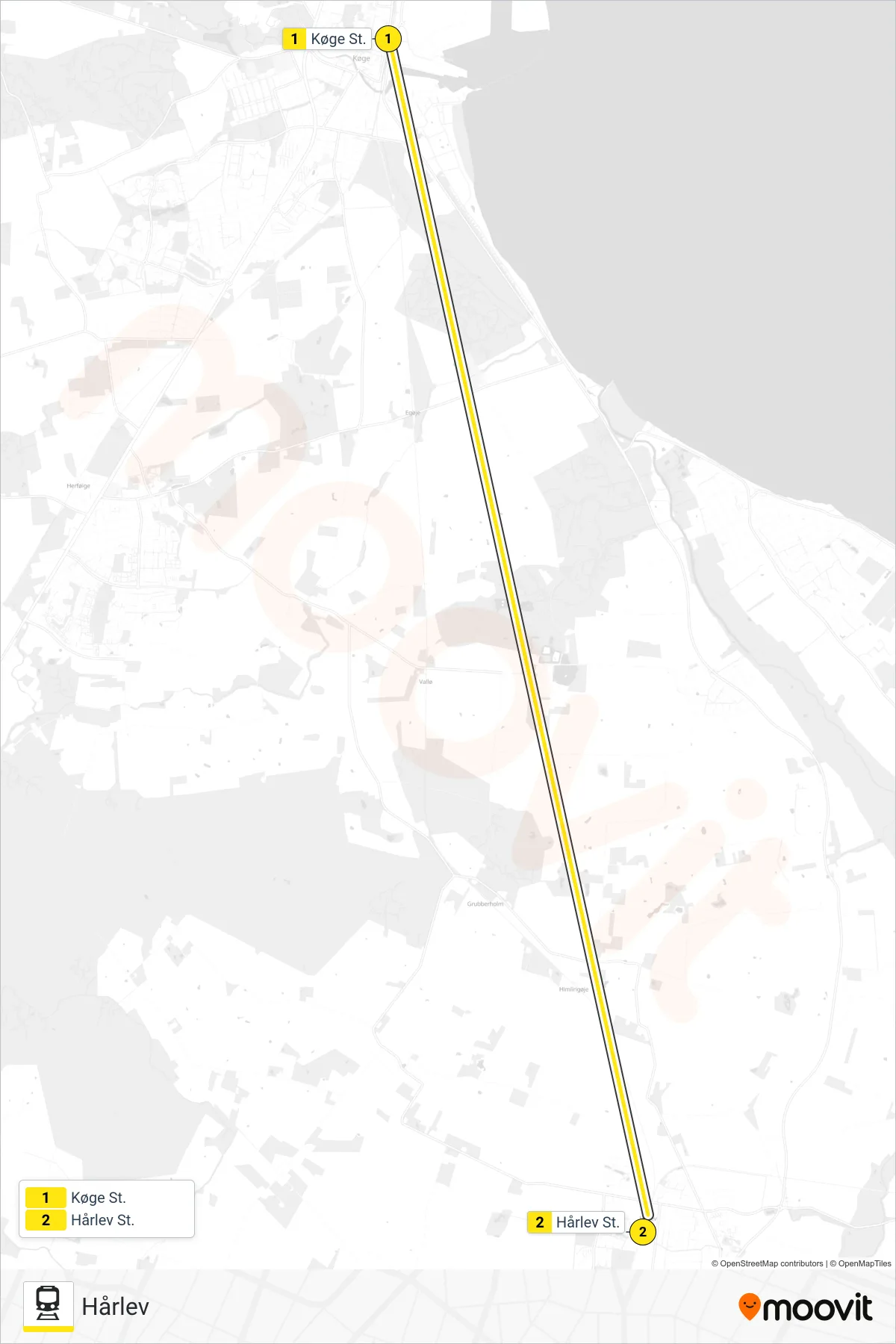 110R jernbane Linje (Hårlev) rute og stop på et kort