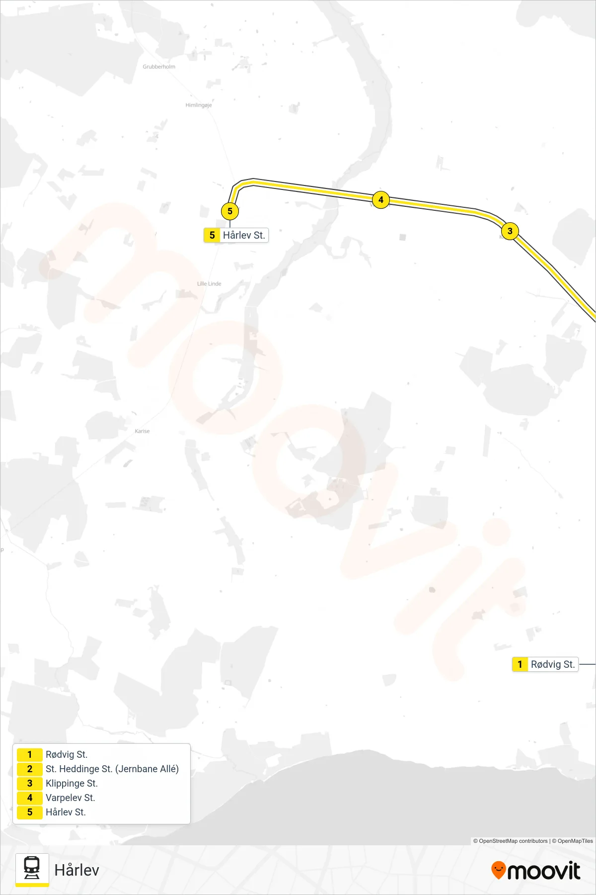 210R jernbane Linje (Hårlev) rute og stop på et kort