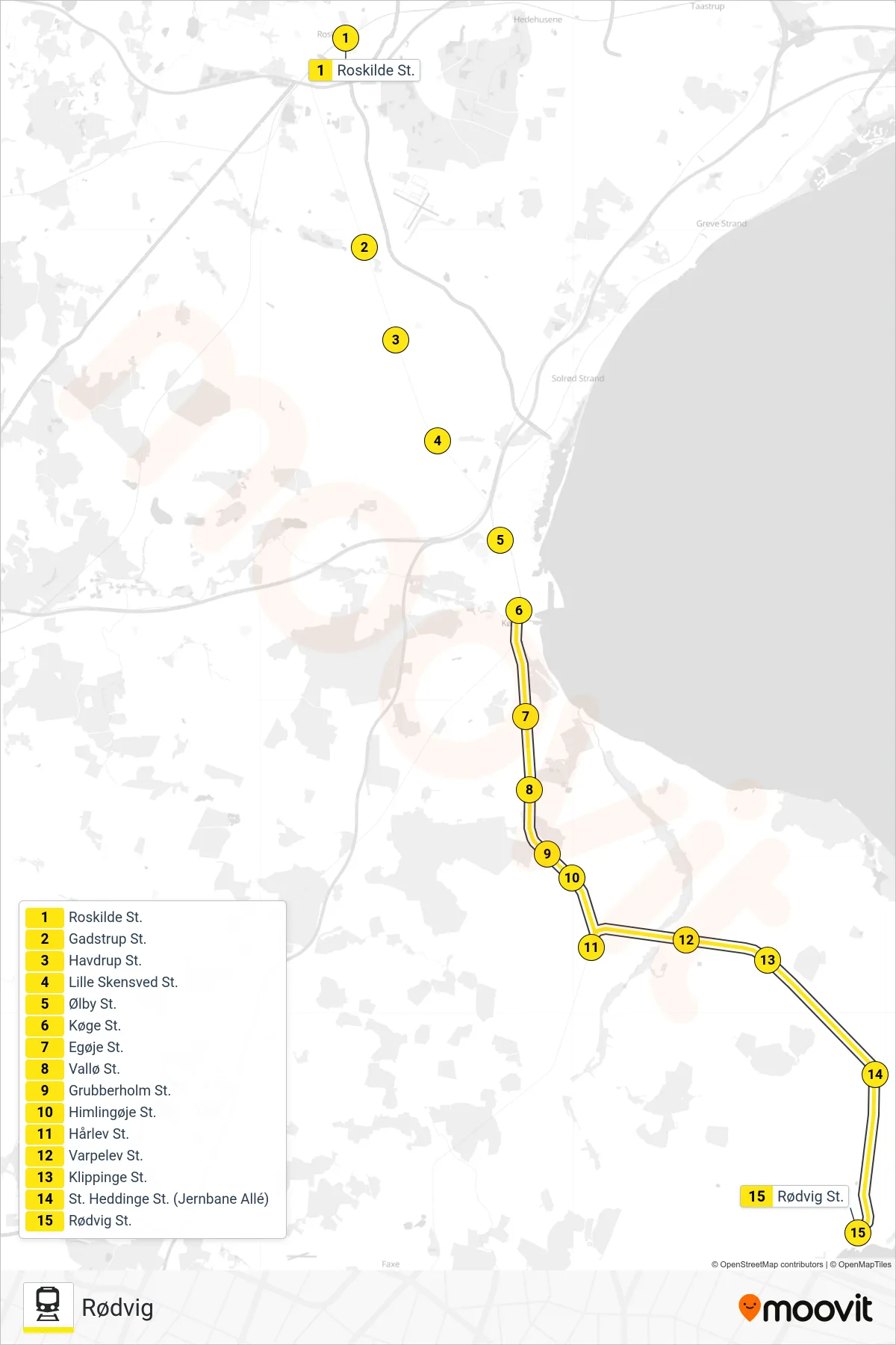 210R jernbane Linje (Rødvig) rute og stop på et kort
