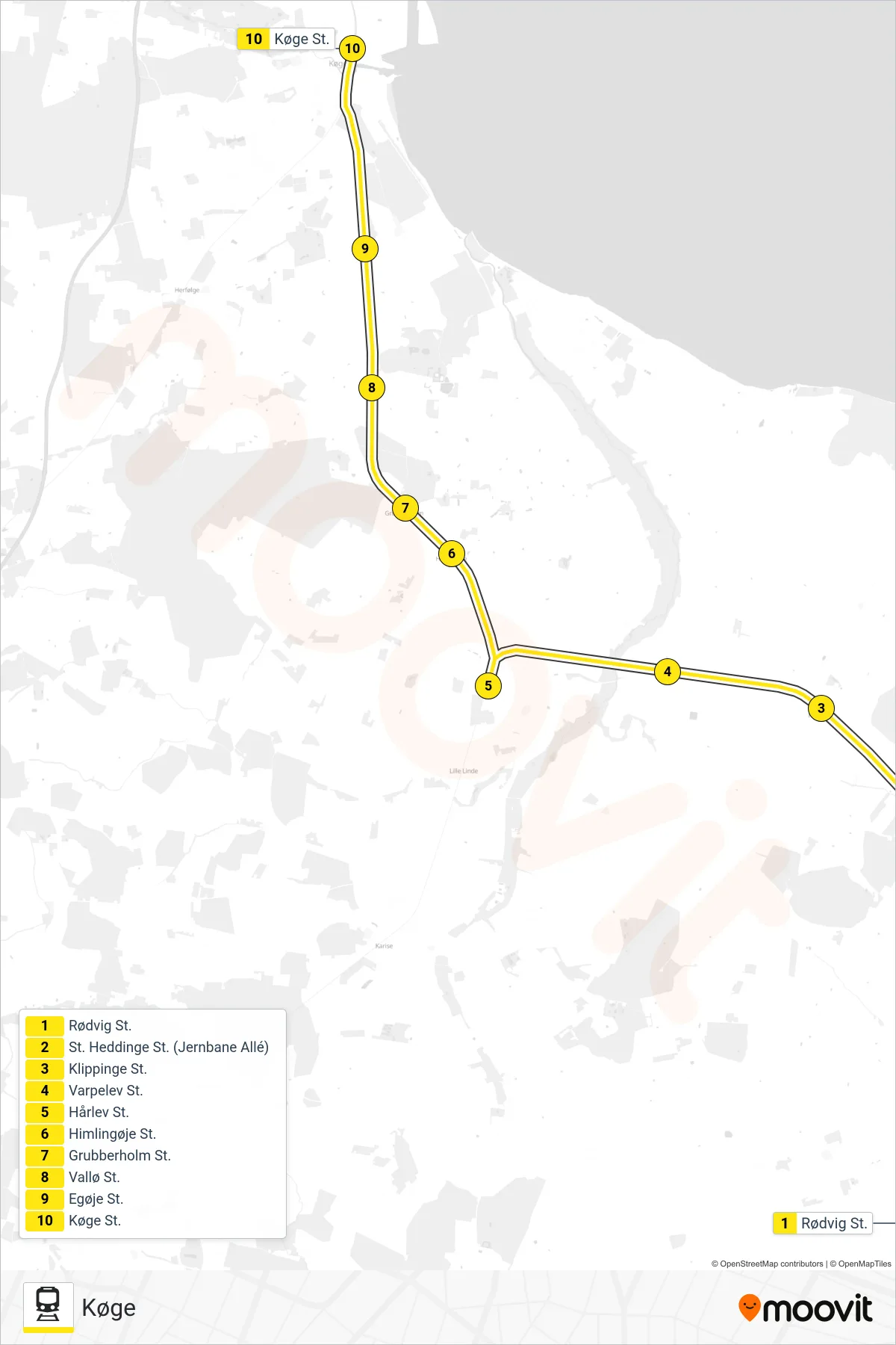 210R jernbane Linje (Køge) rute og stop på et kort