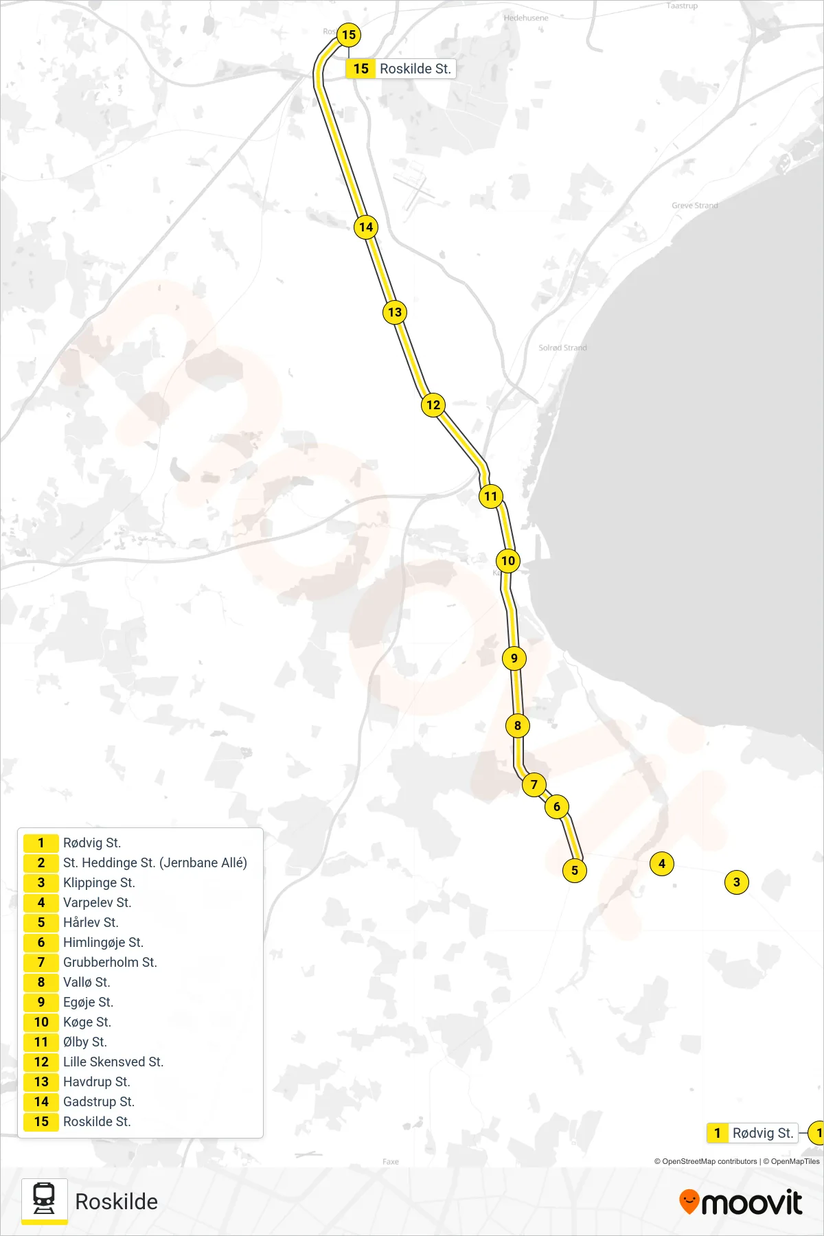 210R jernbane Linje (Roskilde) rute og stop på et kort