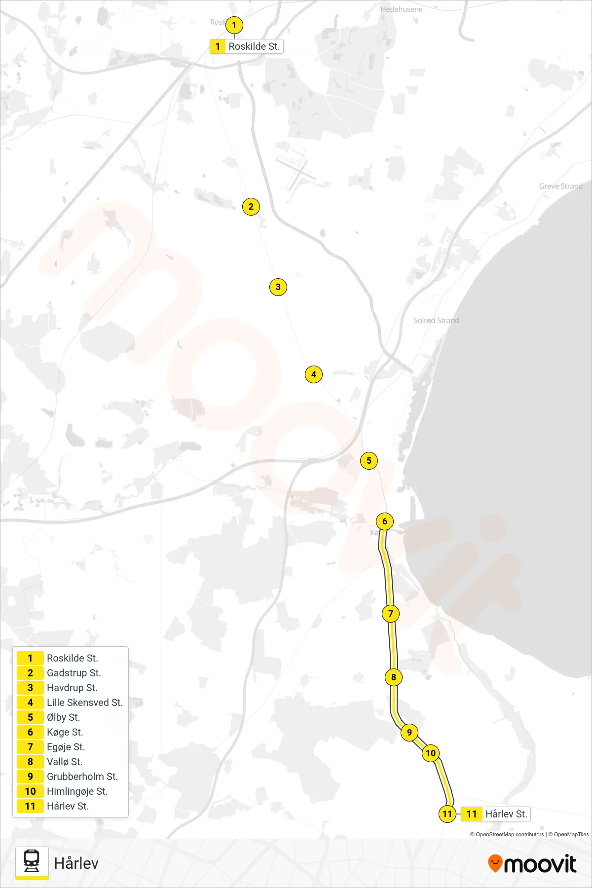210R jernbane Linje (Hårlev) rute og stop på et kort