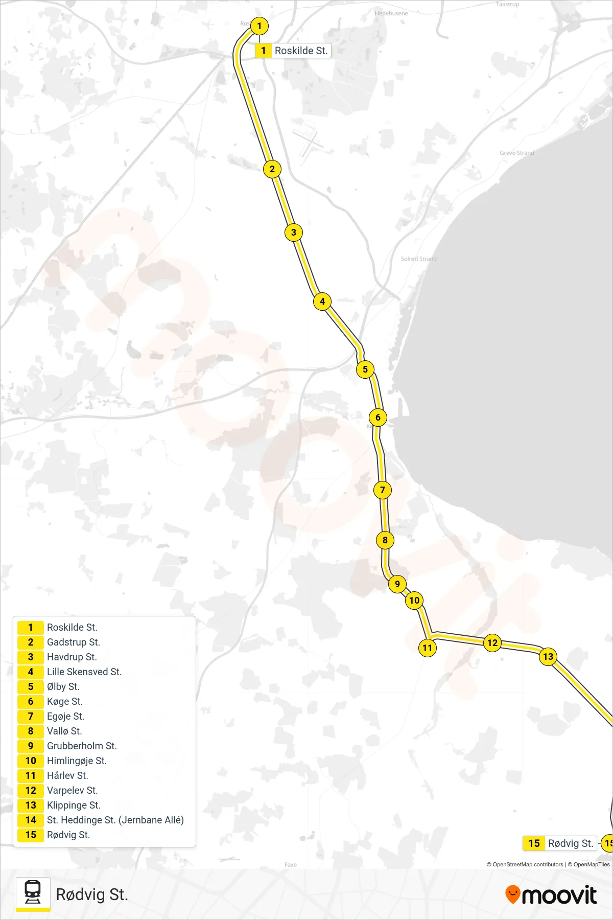 210R jernbane Linje (Rødvig St.) rute og stop på et kort