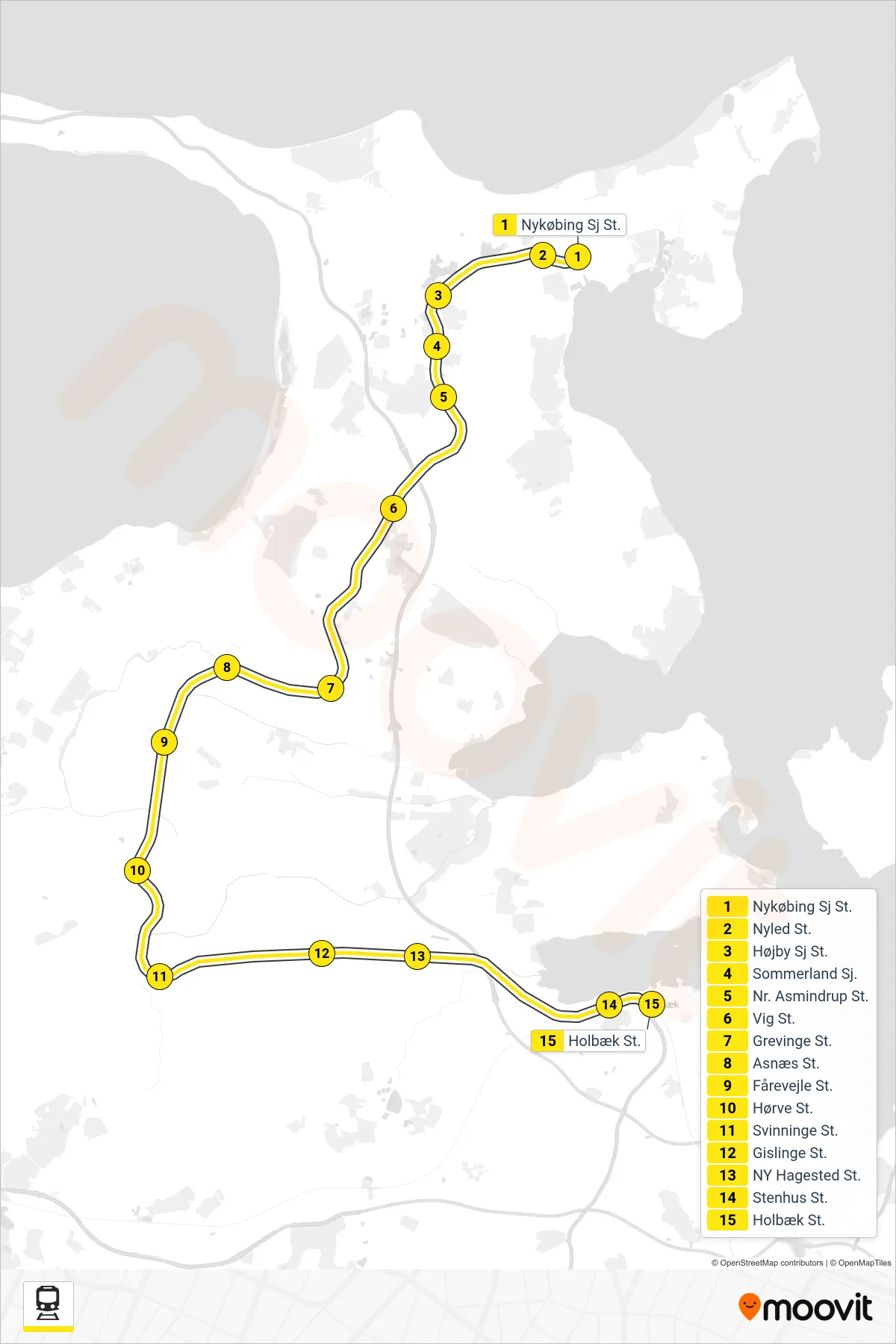 510R jernbane Linje (Holbæk) rute og stop på et kort