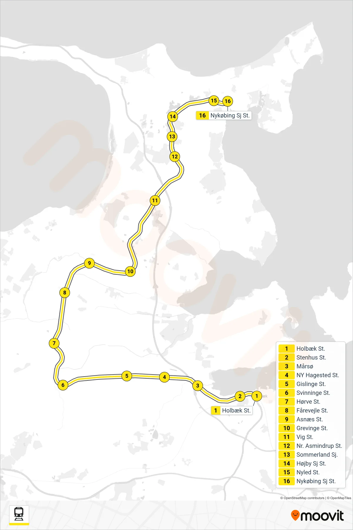 510R jernbane Linje (Nykøbing Sj) rute og stop på et kort