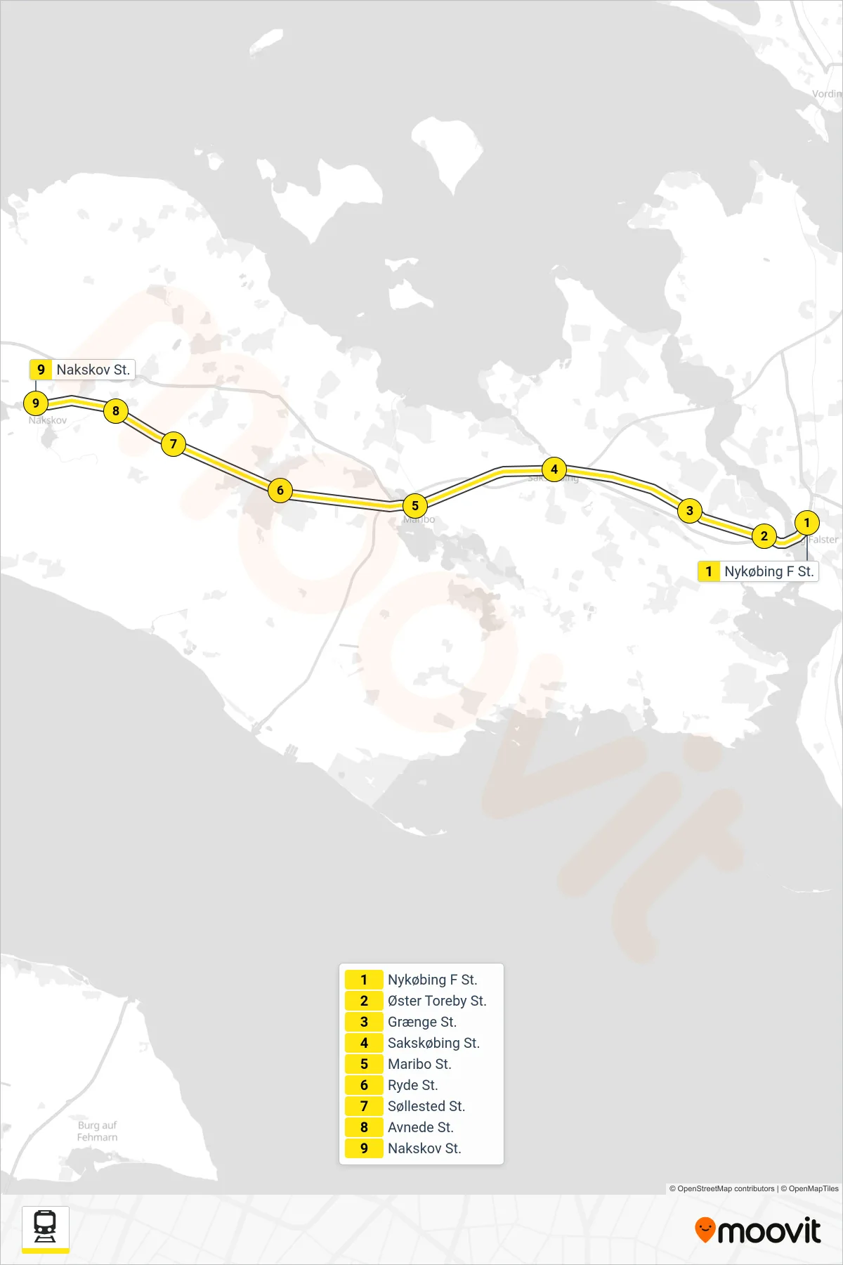 710R jernbane Linje (Nakskov) rute og stop på et kort