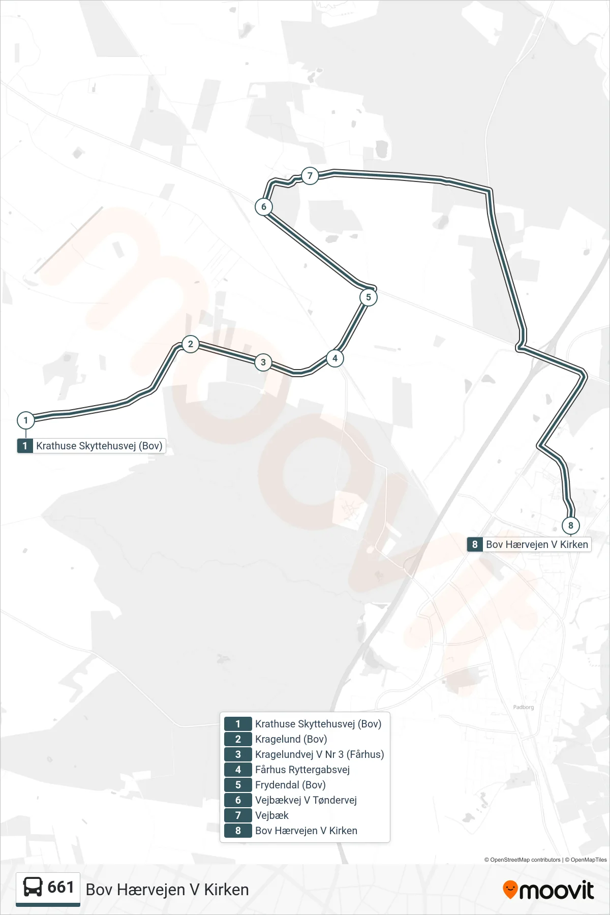 661 bus Linje (Bov Hærvejen V Kirken) rute og stop på et kort