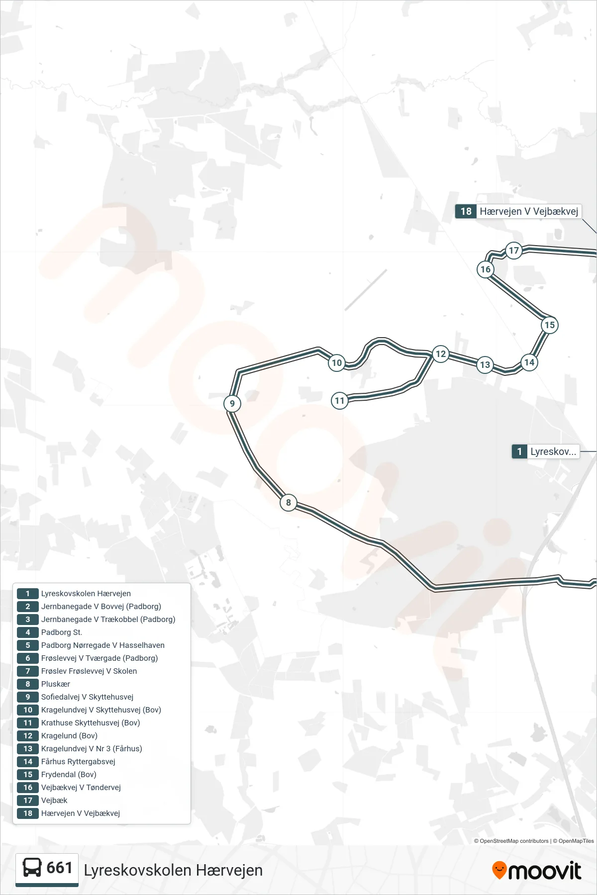 661 bus Linje (Lyreskovskolen Hærvejen) rute og stop på et kort