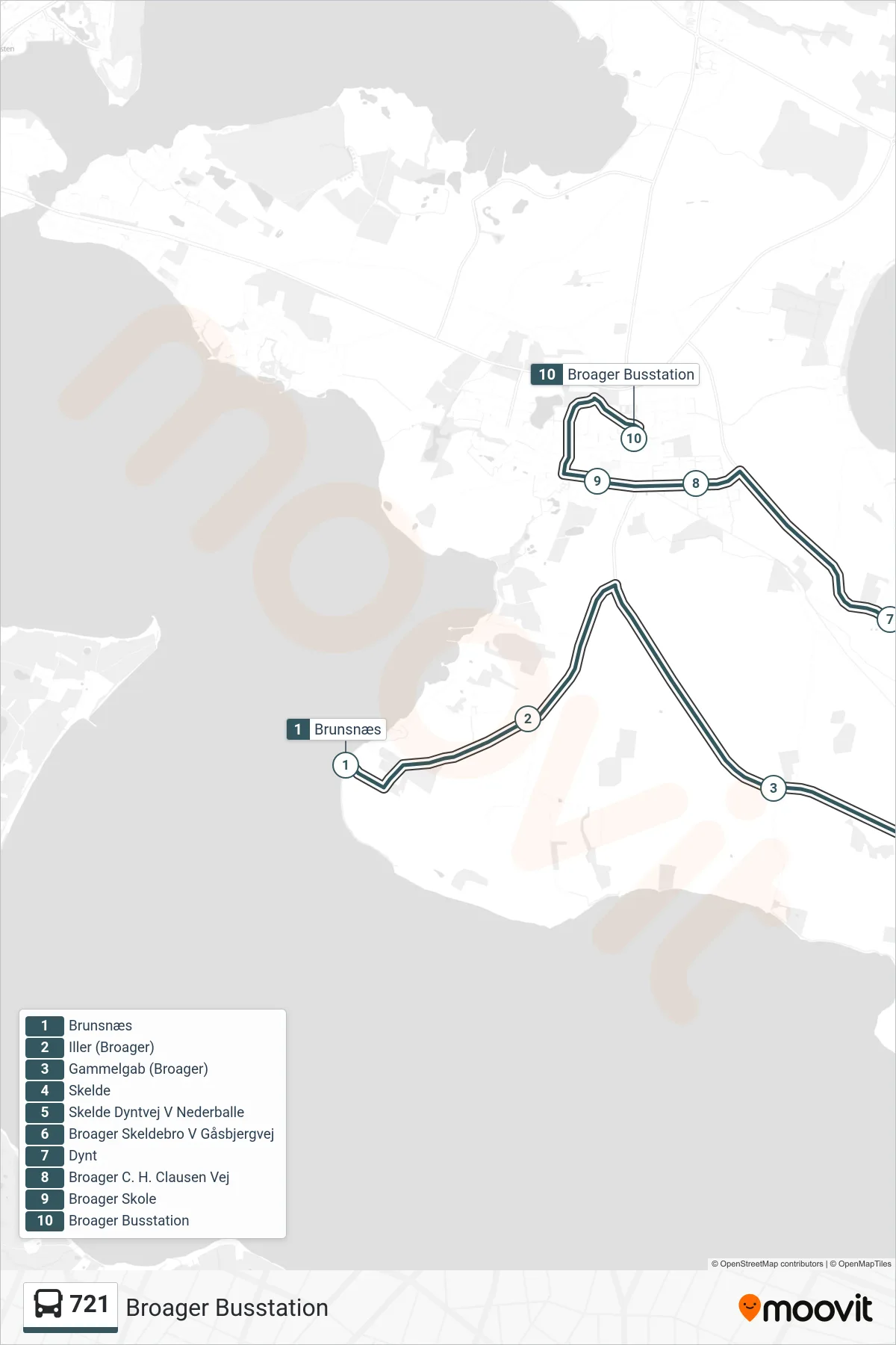 721 bus Linje (Broager Busstation) rute og stop på et kort