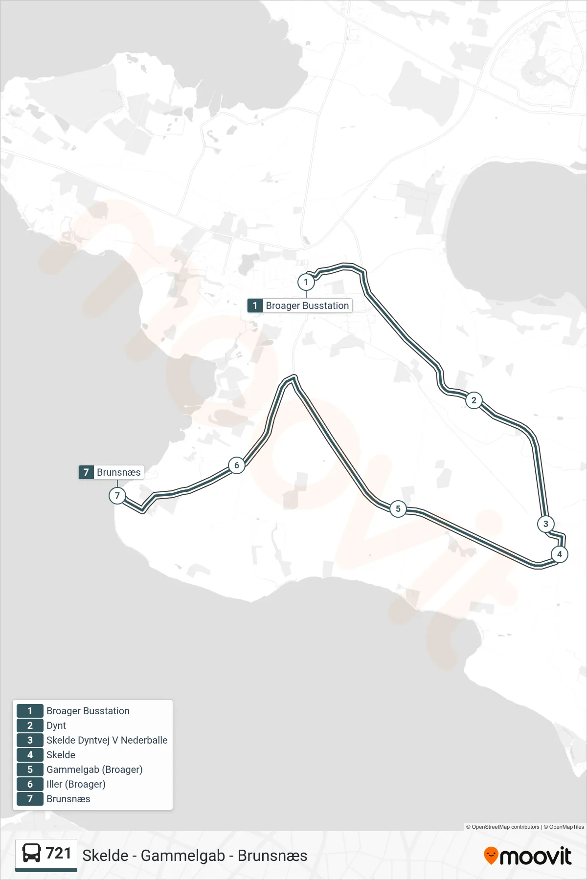 721 bus Linje (Skelde - Gammelgab - Brunsnæs) rute og stop på et kort