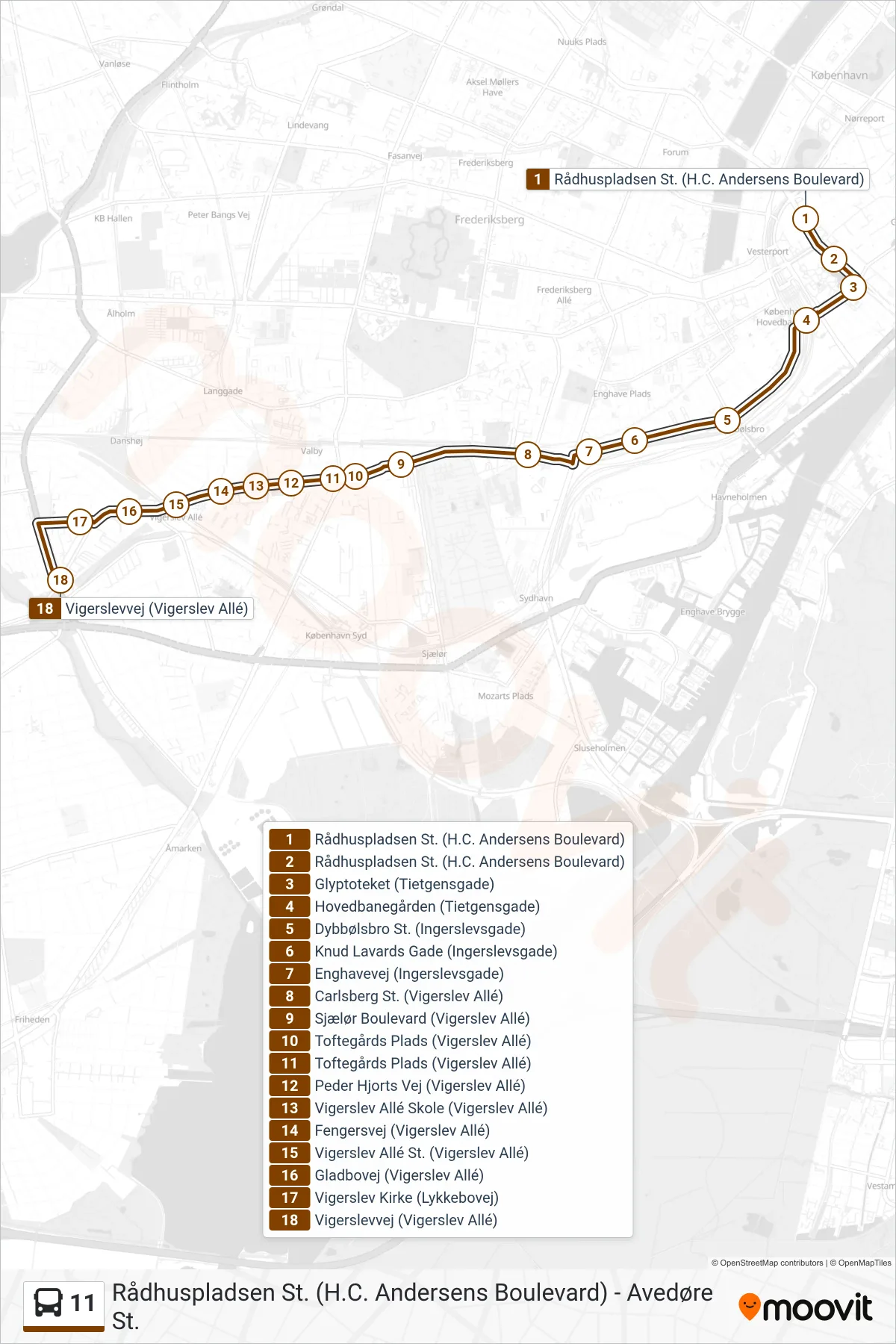 11 bus Linje (Vigerslevvej) rute og stop på et kort