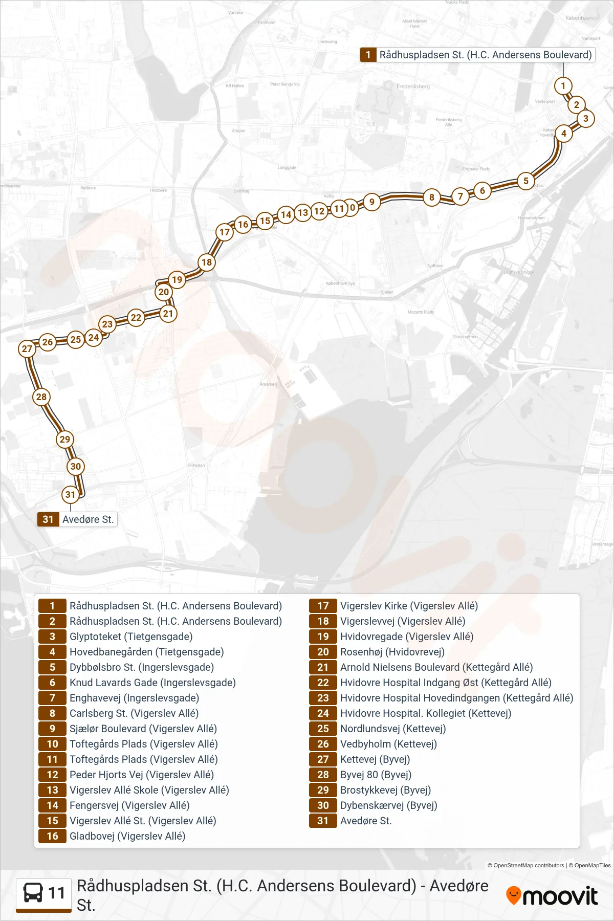 11 bus Linje (Avedøre St.) rute og stop på et kort