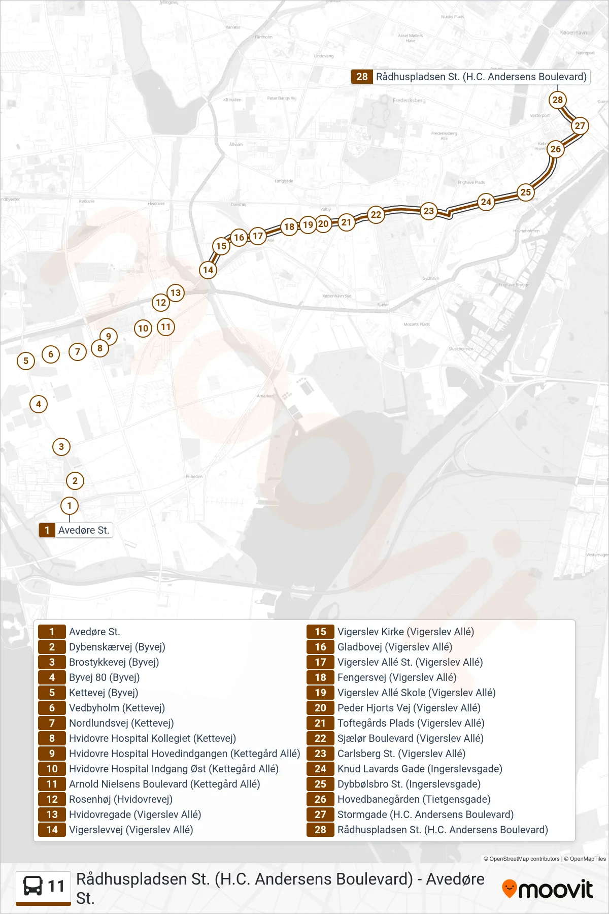 11 bus Line (Rådhuspladsen) route and stops on a map