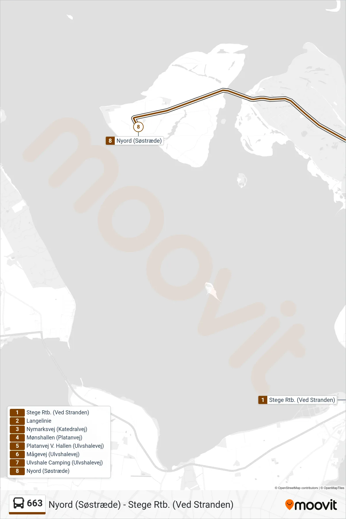 663 bus Linje (Nyord Ulvshale) rute og stop på et kort