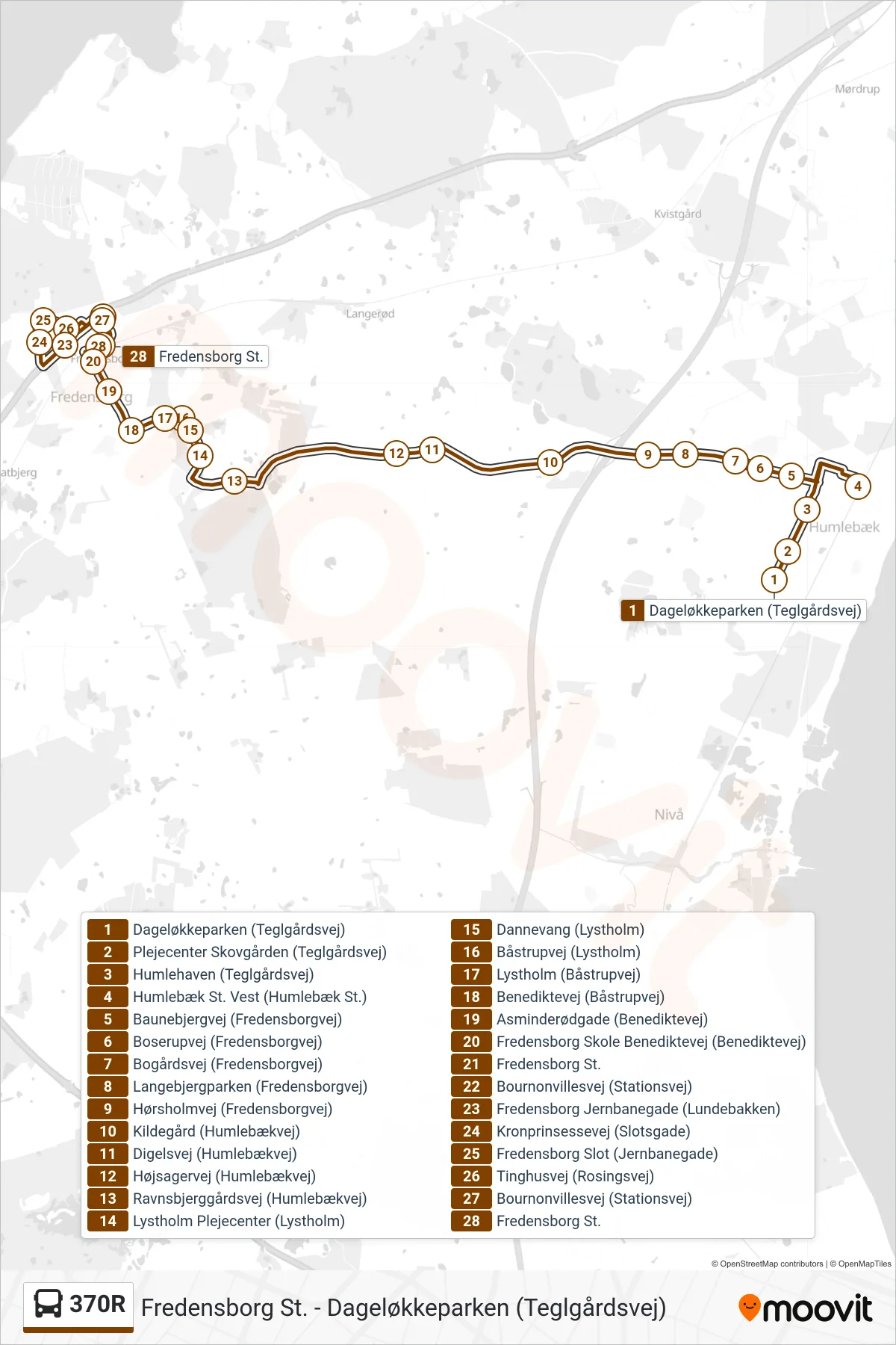 370R bus Linje (Fredensborg St.) rute og stop på et kort