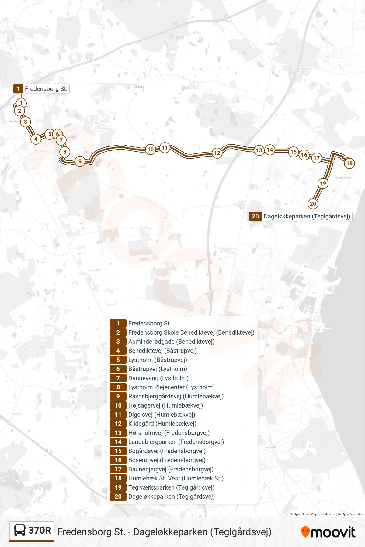 370R bus Linje (Dageløkkeparken (Teglgårdsvej)) rute og stop på et kort