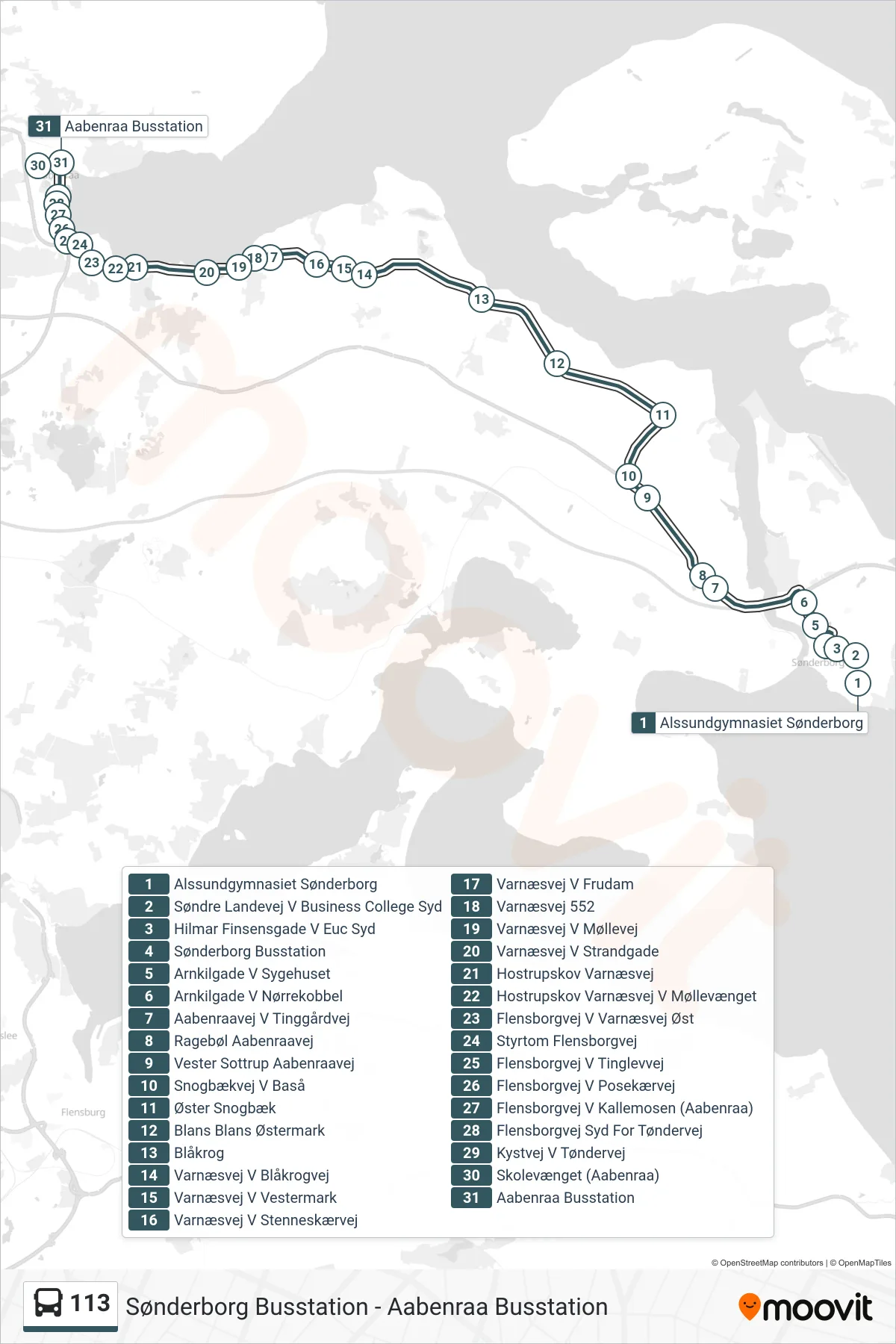 113 bus Linje (Aabenraa Busstation) rute og stop på et kort
