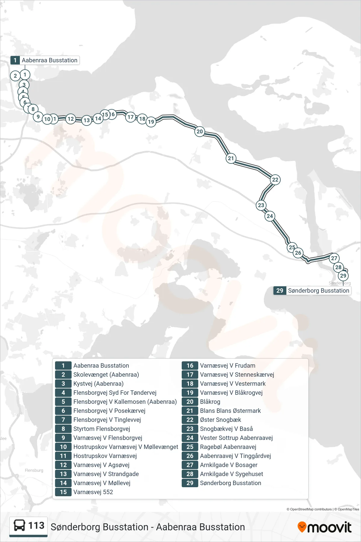 113 bus Linje (Sønderborg Busstation) rute og stop på et kort