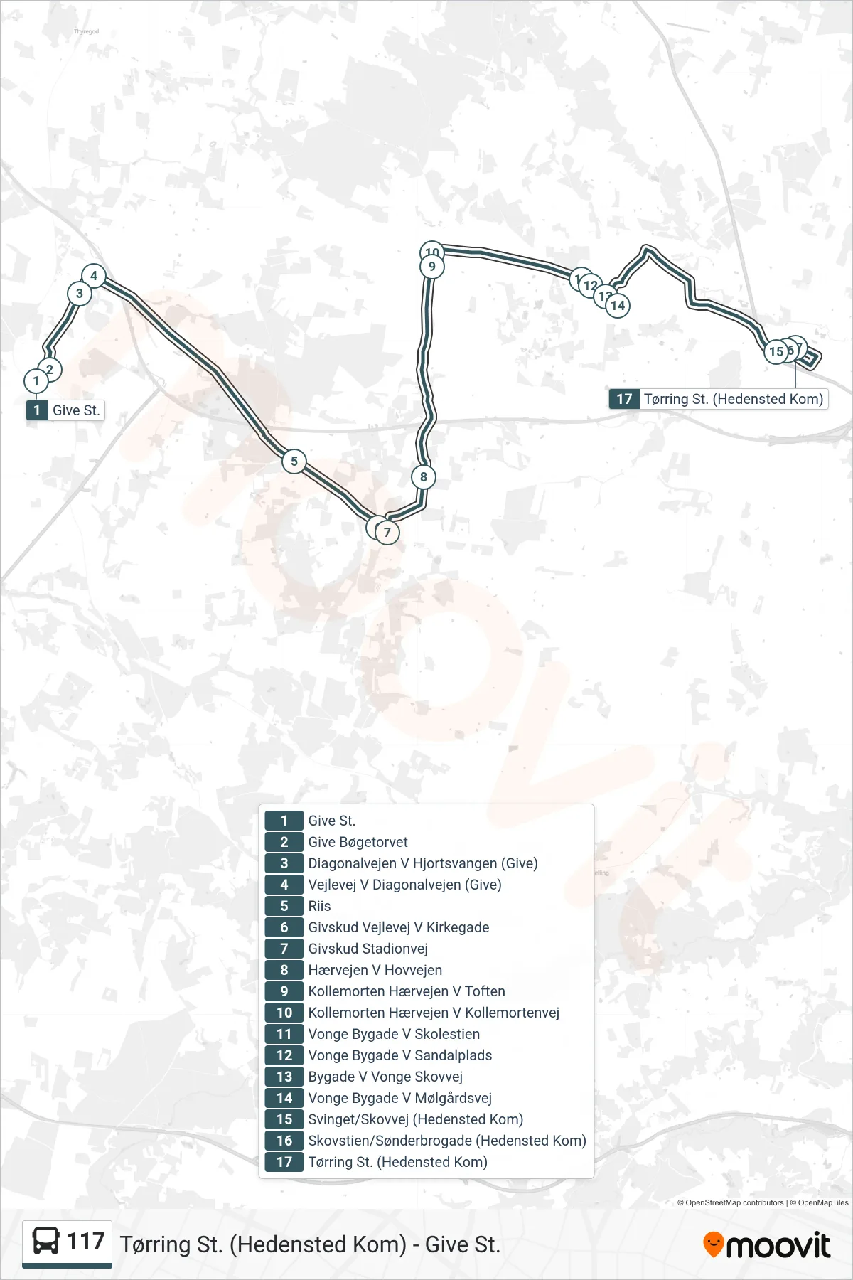 117 bus Linje (Tørring) rute og stop på et kort