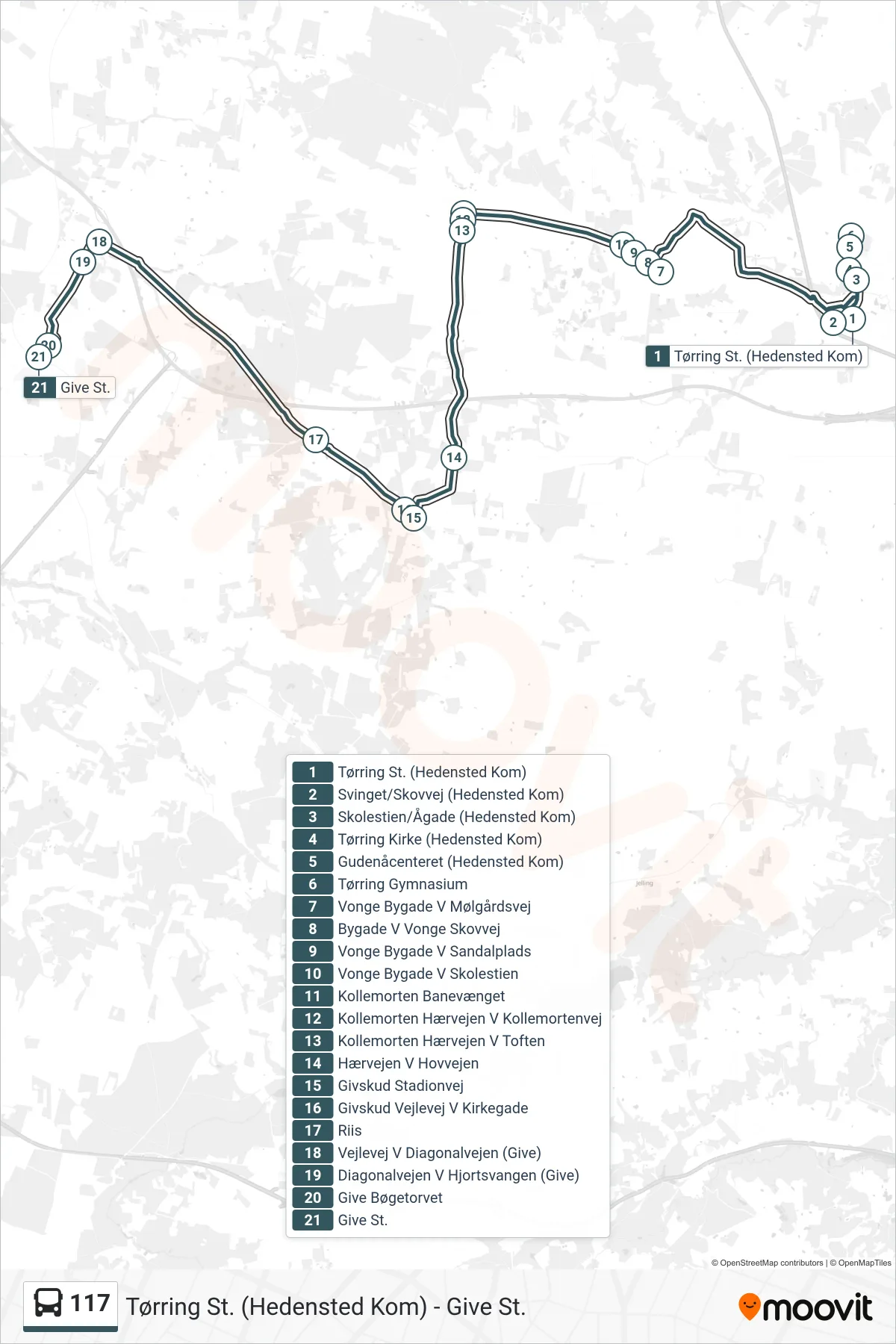 117 bus Linje (Give St. (Bus)) rute og stop på et kort